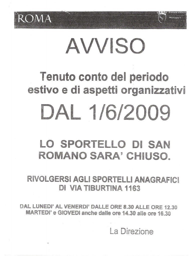 Comunicato di chiusura sportello