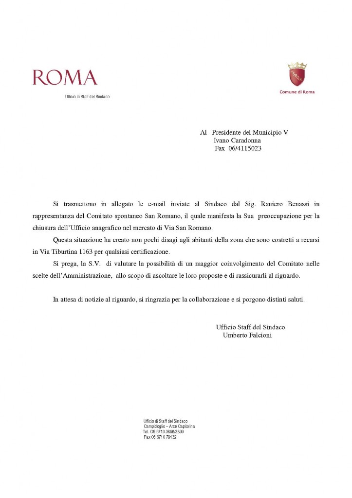 lettera inviata dallo staff del sindaco al presidente del V municipioufficio staff del Sindaco